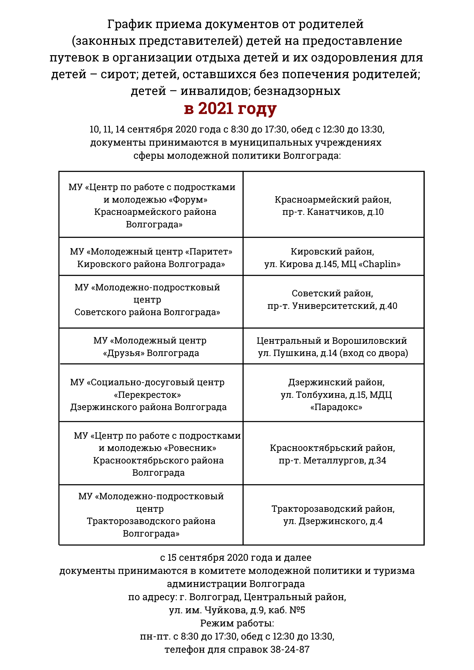 График приема документов